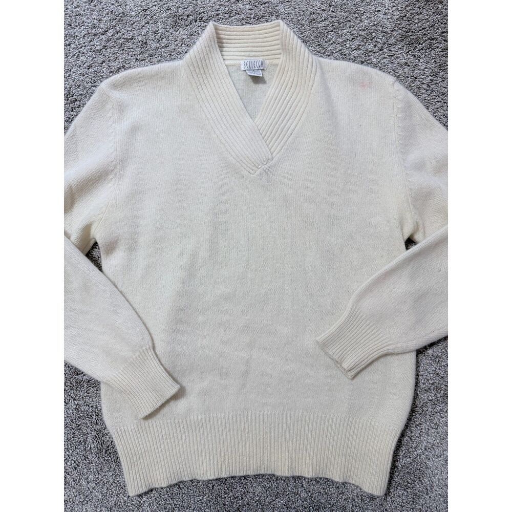 Vintage Selecca Ivory Lambswool Angora V-Neck Sweater Medium Natural Fiber